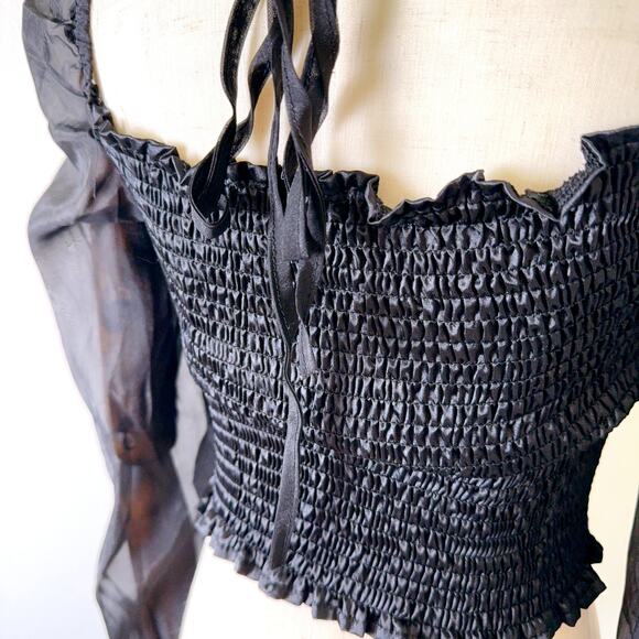 Women's French Long Sleeve Crop Blouse in Satin (Black) - Picture 7 of 7